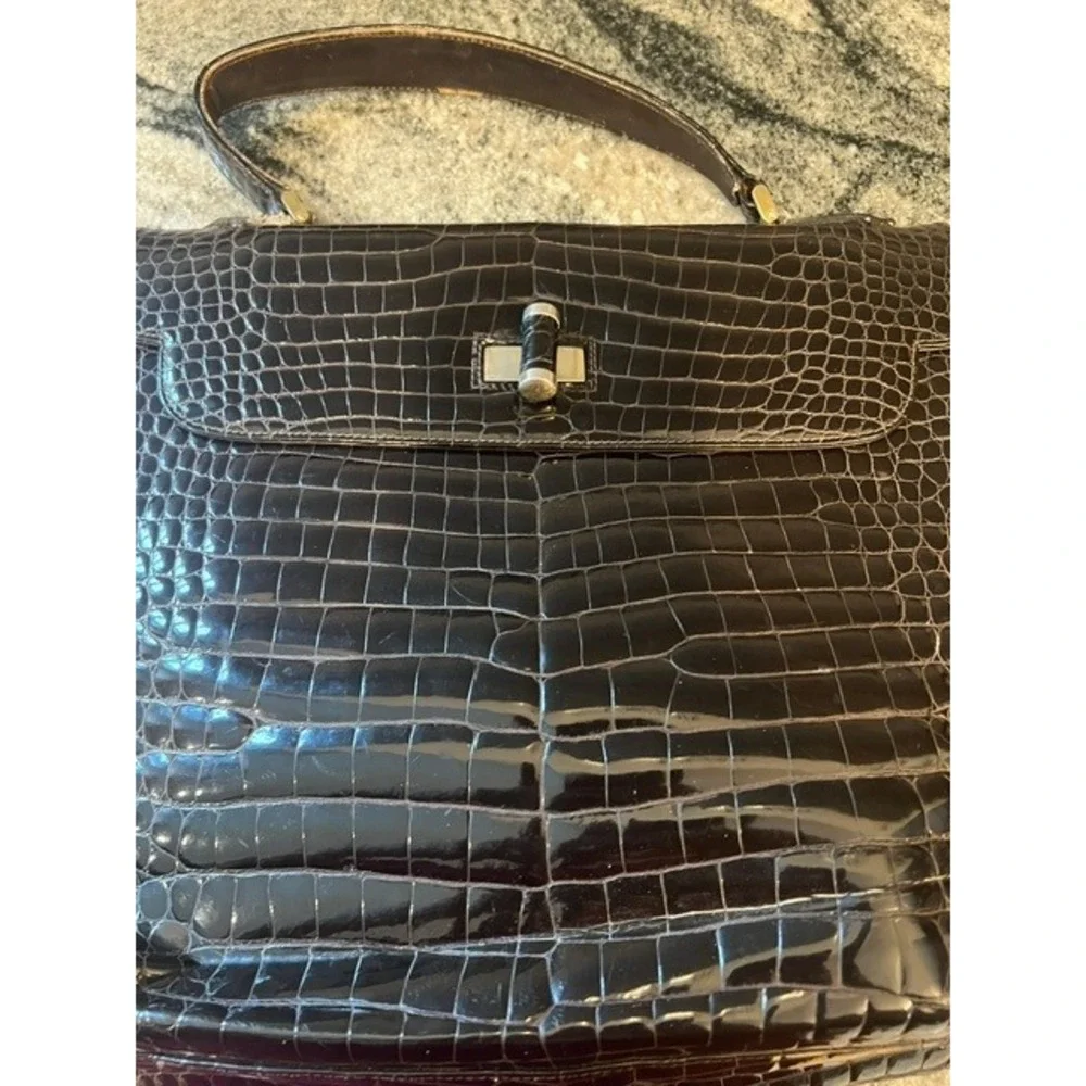 Vintage Calbert Italy Crocodile Belly Handbag Brown Cocco Bidente Turnlock FLAW
